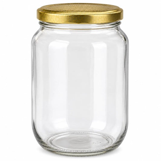 250 ml round glass honey jar with gold metal honeycomb lid