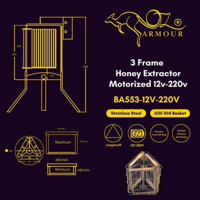 OZ ARMOUR 3 Frames Electric 220V & 12V Battery Operated Honey Extractor