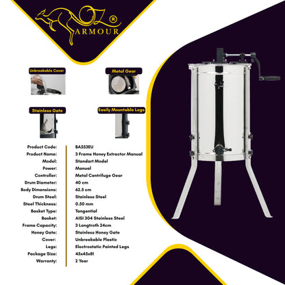 3 Frames Manual Honey Extractor Full SS 304 Food Grade Stainless Steel