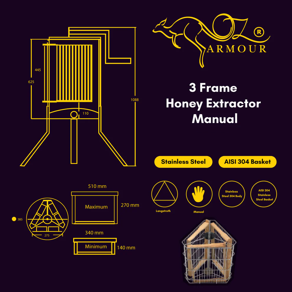 3 Frames Manual Honey Extractor Full SS 304 Food Grade Stainless Steel