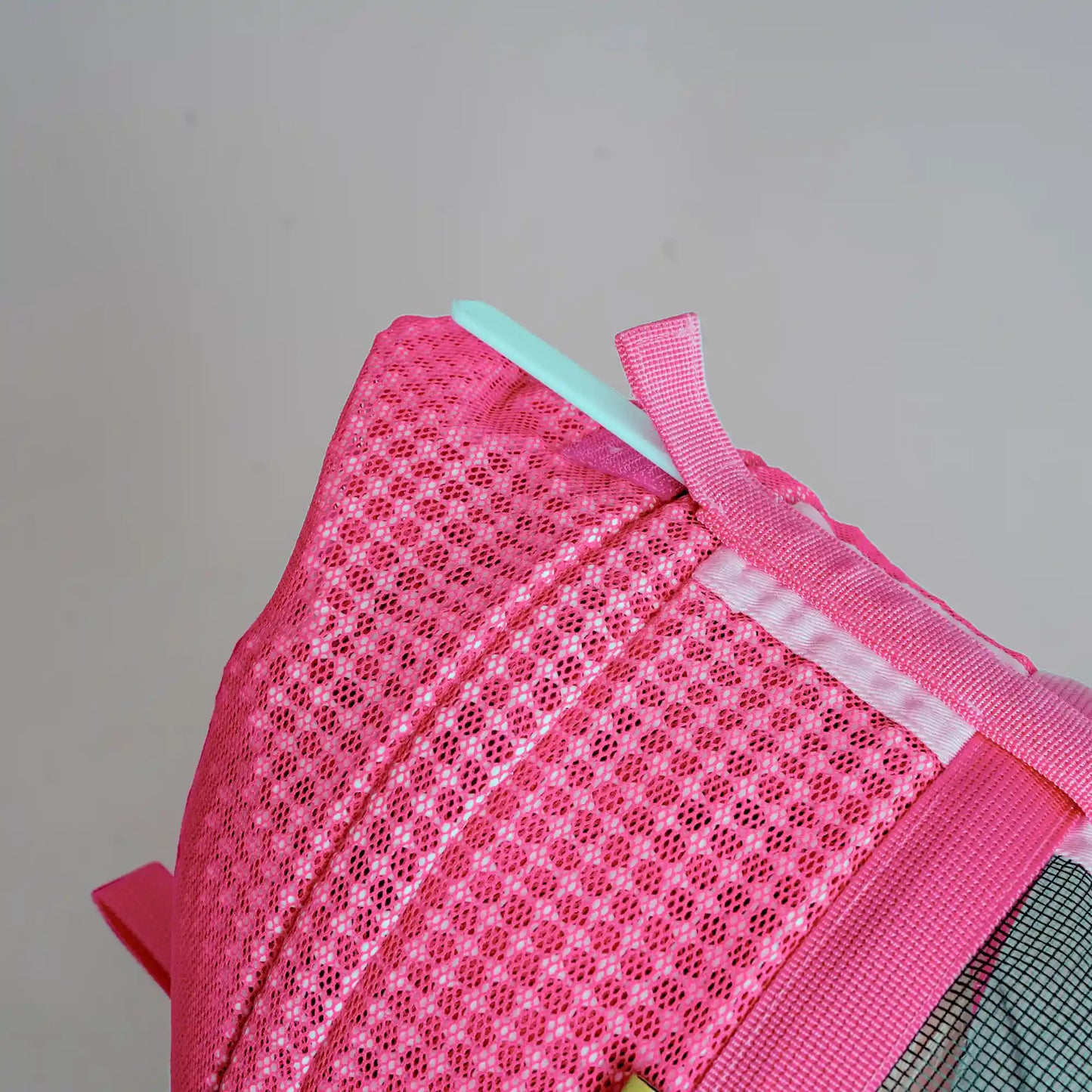 Close up of 3 layer mesh pink beekeeping suit fencing veil hood attachment and mesh ventilation