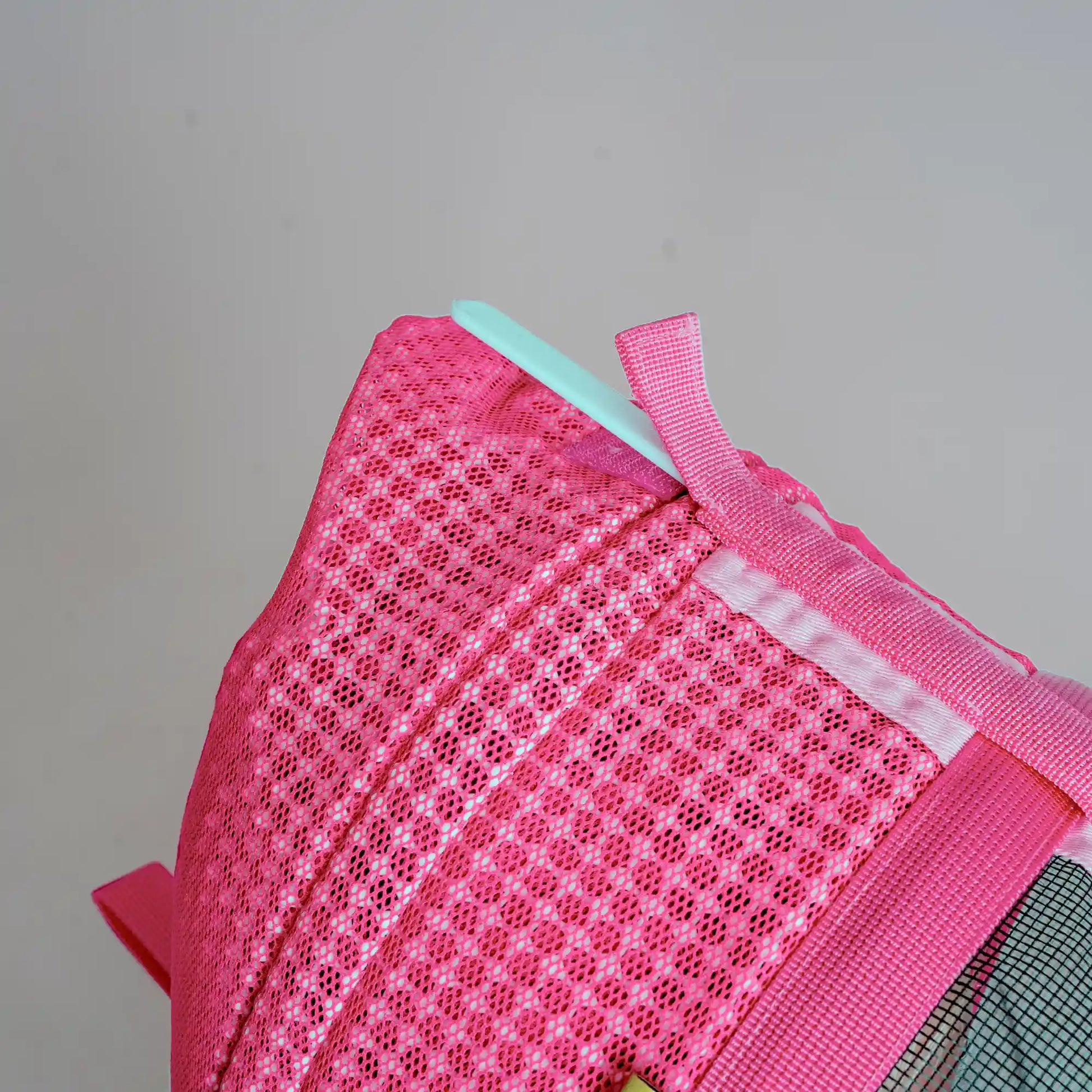 Close up of 3 layer mesh pink beekeeping suit fencing veil hood attachment and mesh ventilation