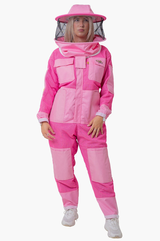 3 Layer Mesh Pink Beekeeping Suit With Fencing Veil & Gloves - Premium Adult Suits