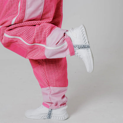 Close up of ankle cuff strap and elastic on the 3 layer mesh pink beekeeping suit