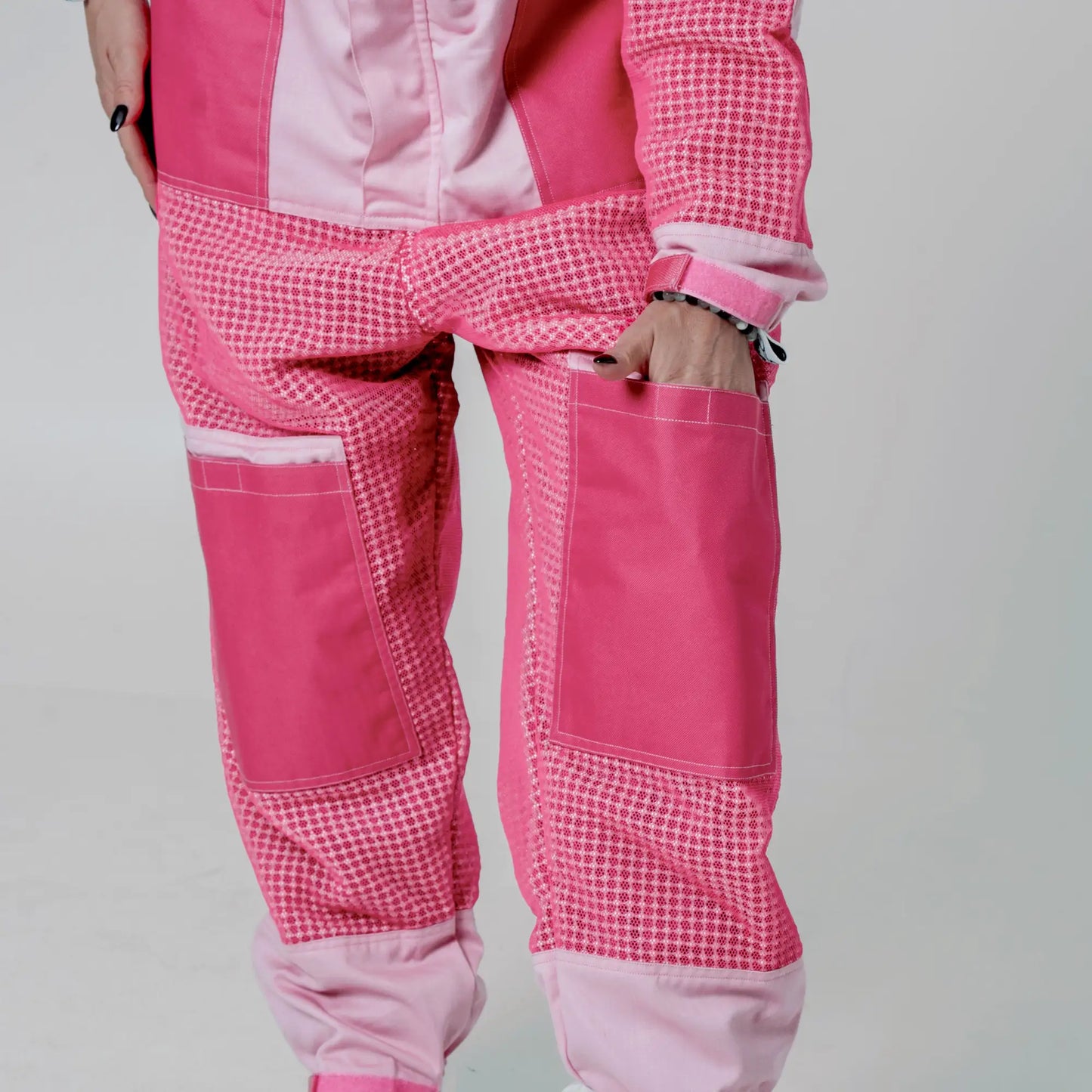 Close up of rear pockets on the 3 layer mesh pink beekeeping suit trousers