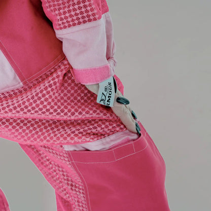 Close up of sleeve cuff with OZ Armour logo patch on the 3 layer mesh pink beekeeping suit