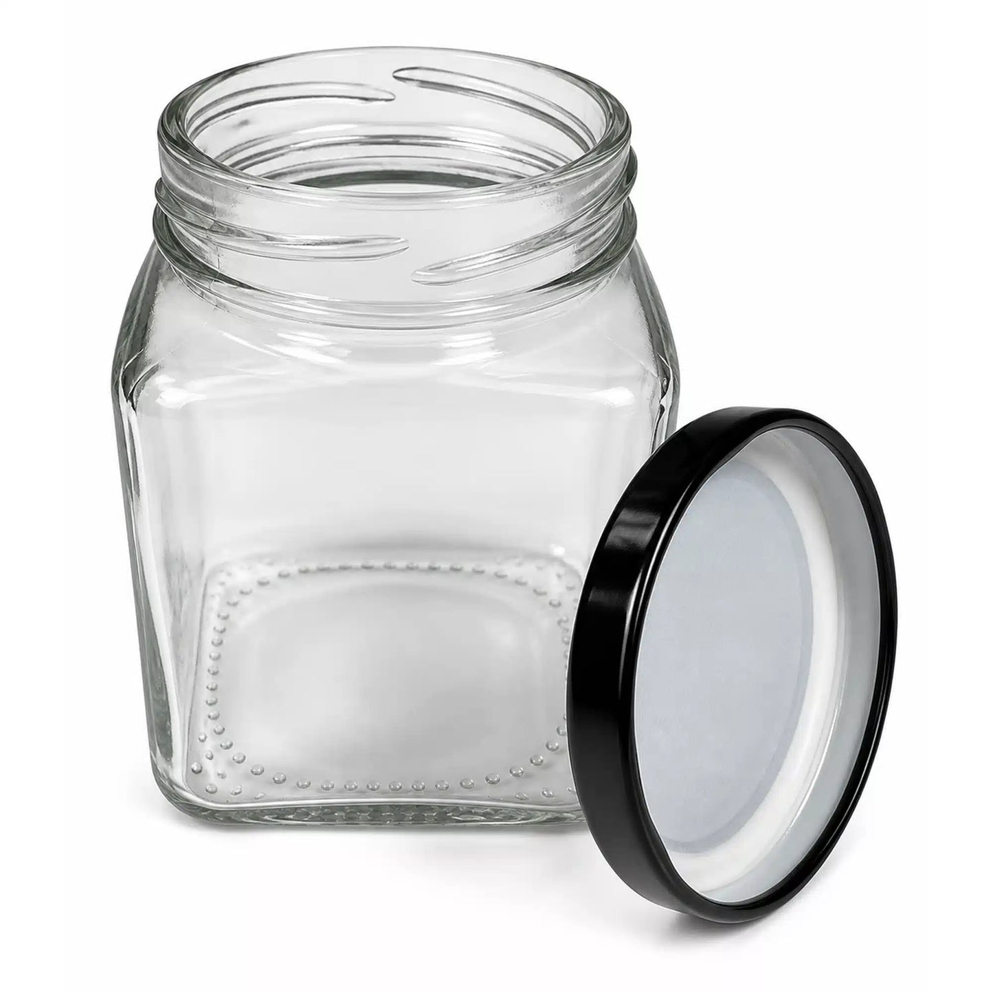 Square glass jar with black lid side view