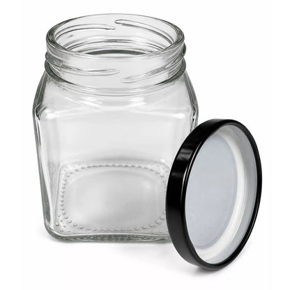 Square glass jar with black lid side view