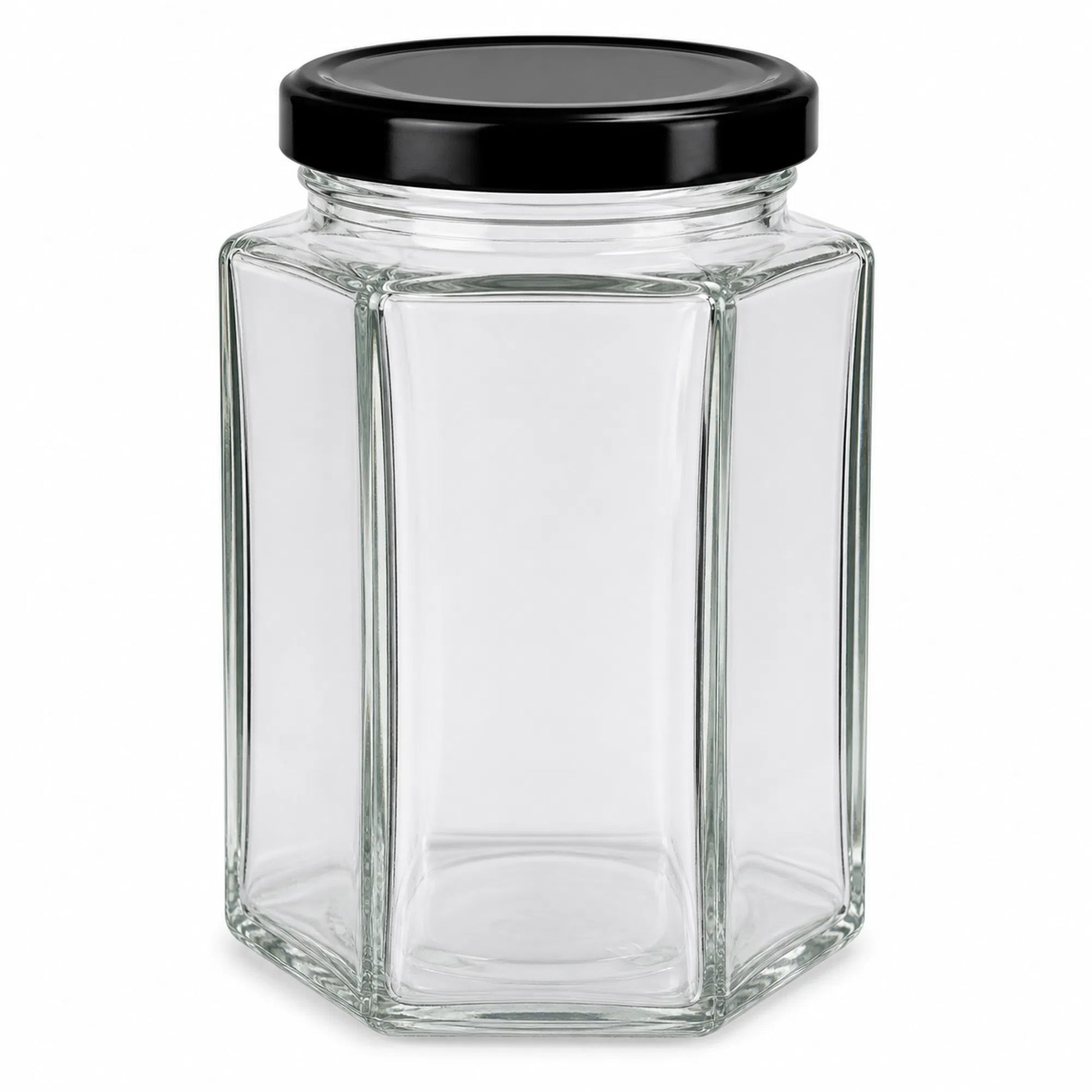 Black Lids Glass Jars for honey, Hexagonal Glass Jars, 300ml Honey Containers, Black Lid Jars, Food Grade Glass, Clear Transparent, Kitchen Storage, Bulk Honey Jars, Elegant Design