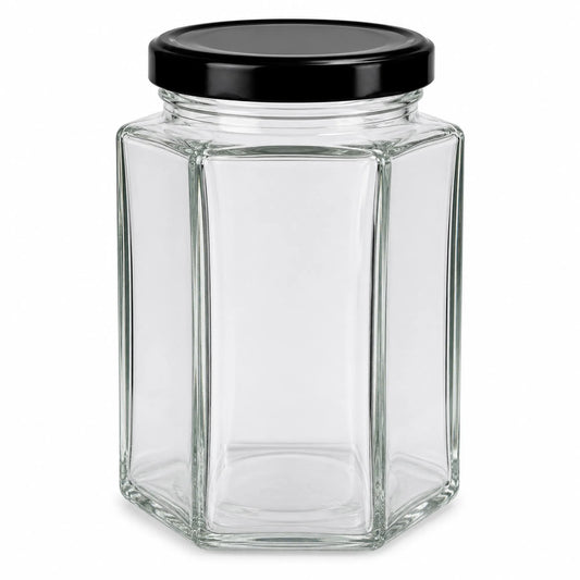 Black Lids Glass Jars for honey, Hexagonal Glass Jars, 300ml Honey Containers, Black Lid Jars, Food Grade Glass, Clear Transparent, Kitchen Storage, Bulk Honey Jars, Elegant Design