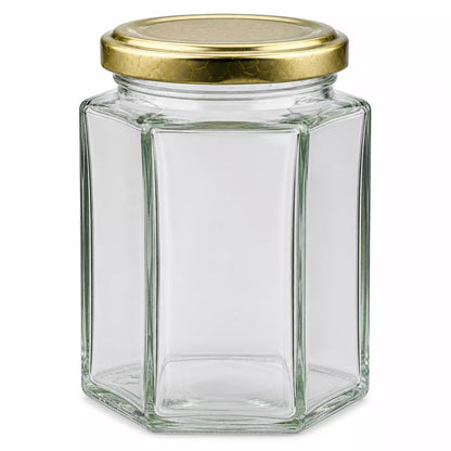 380 ML HEXAGONAL GLASS JARS HONEY CONTAINERS GOLD LIDS, 380ml Glass Honey Jars, Hexagonal Honey Containers, Gold Lid Jars, Food Grade Glass, Clear Transparent, Kitchen Storage, Bulk Honey Containers, Elegant Design Jars, Twist Neck Glass Jars, Affordable Pricing