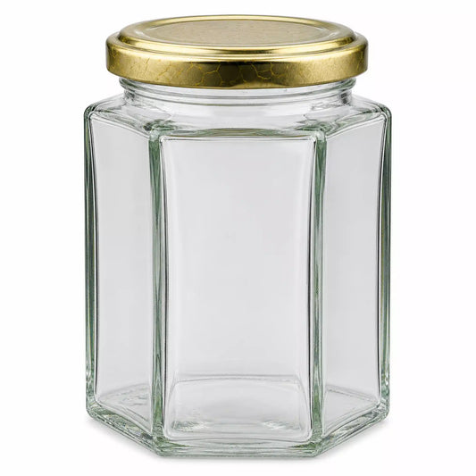 380 ML HEXAGONAL GLASS JARS HONEY CONTAINERS GOLD LIDS, 380ml Glass Honey Jars, Hexagonal Honey Containers, Gold Lid Jars, Food Grade Glass, Clear Transparent, Kitchen Storage, Bulk Honey Containers, Elegant Design Jars, Twist Neck Glass Jars, Affordable Pricing