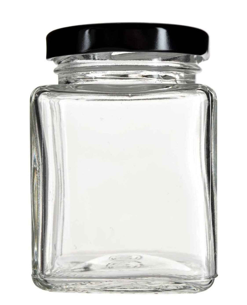 Set of 9 square glass jars, 500ml each, with black and white lids - ideal honey containers for versatile use