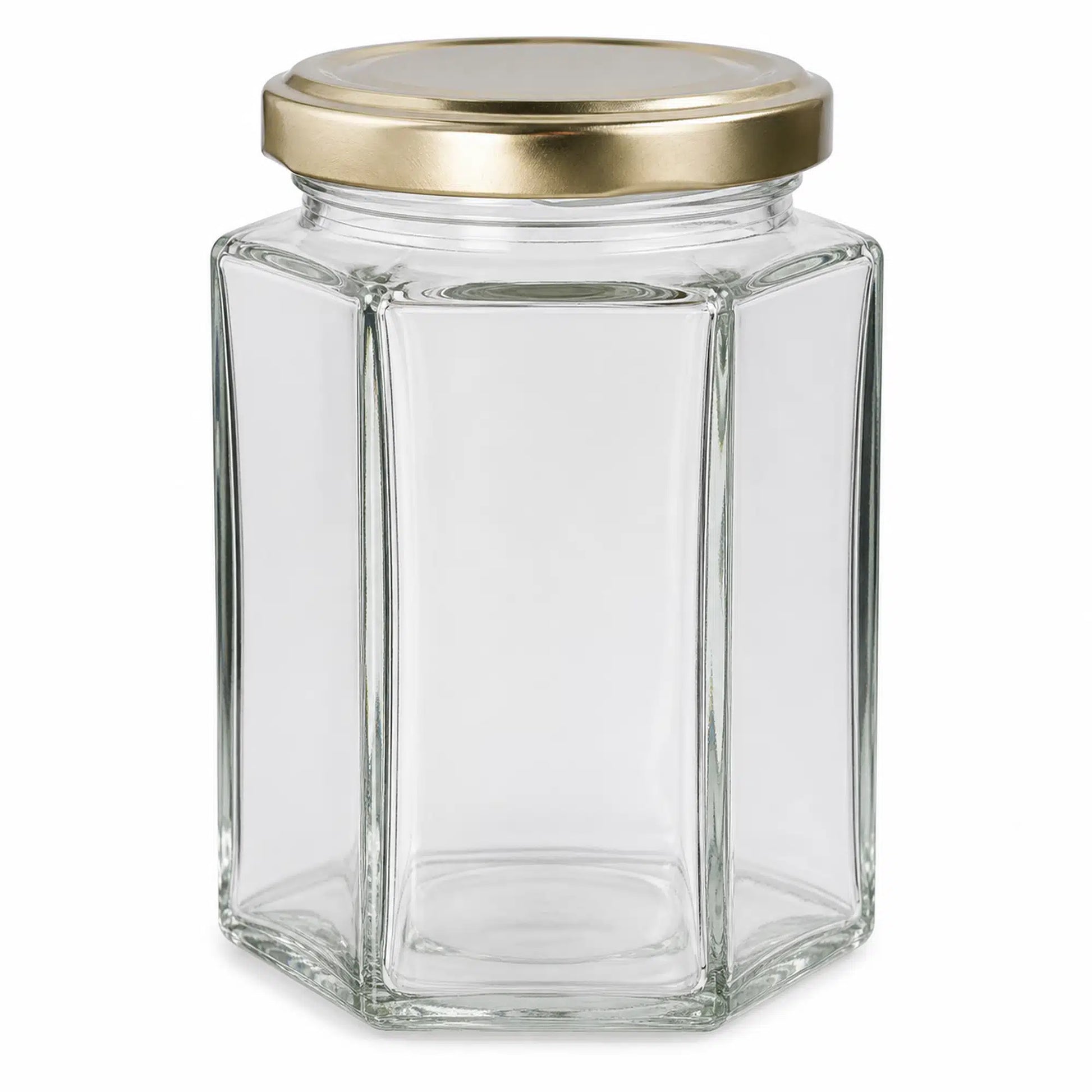 HEXAGONAL GLASS JARS HONEY CONTAINERS GOLD LIDS
