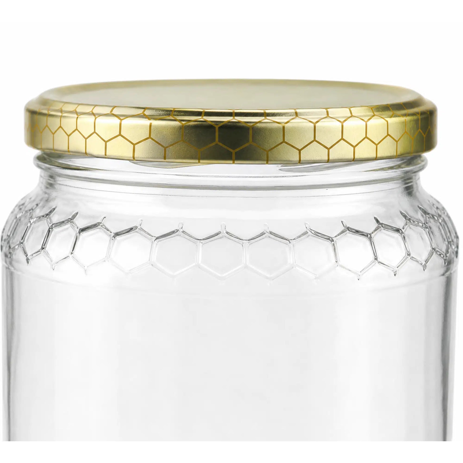Set of 24 round glass jars, each 375 ml with an elegant honeycomb design, suitable for homemade preserves or decorative storage.