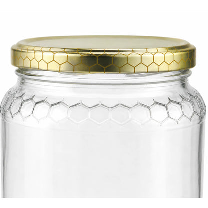 Set of 24 round glass jars, each 375 ml with an elegant honeycomb design, suitable for homemade preserves or decorative storage.