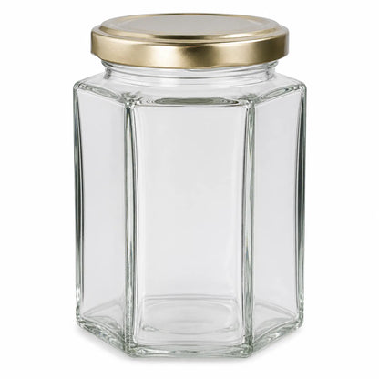 HEXAGONAL GLASS JARS HONEY CONTAINERS GOLD LIDS