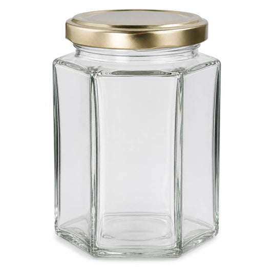 HEXAGONAL GLASS JARS HONEY CONTAINERS GOLD LIDS