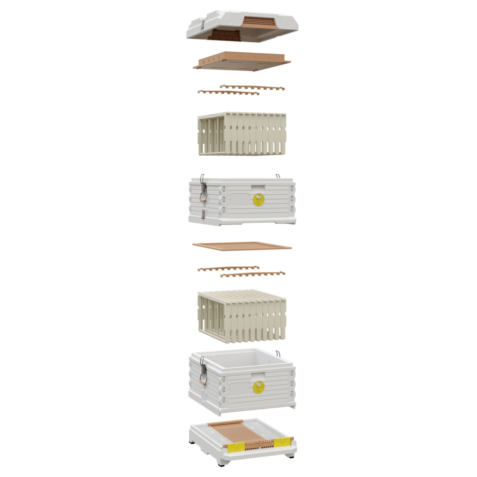Beekeeping exhibit showcasing a yellow hive with brood box and deep super compartments.