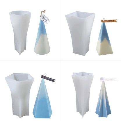 Multiple views of cone shape silicone candle mould and finished candle