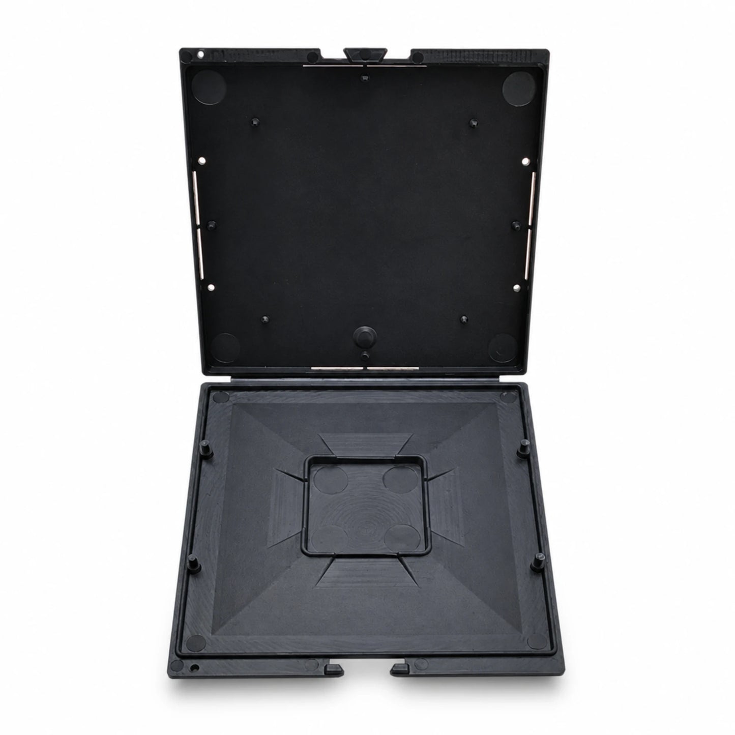 Black rectangular plastic case with a lid on a white background