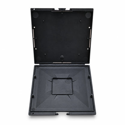 Black rectangular plastic case with a lid on a white background