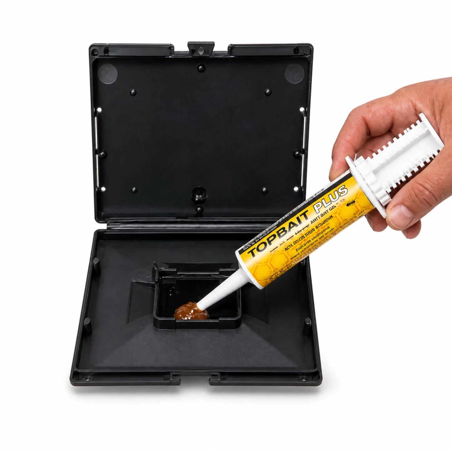Hand applying TopBait Plus to a black container