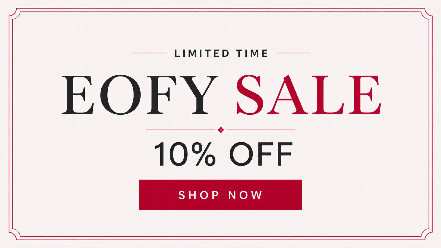 EOFY Sale banner with 10% off and 'Shop Now' button on a light gray background