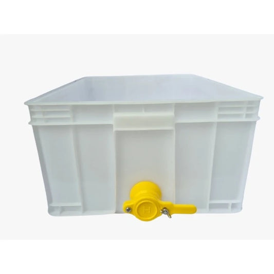 Honey uncapping station with stainless steel tray and plastic tub for beeswax frames