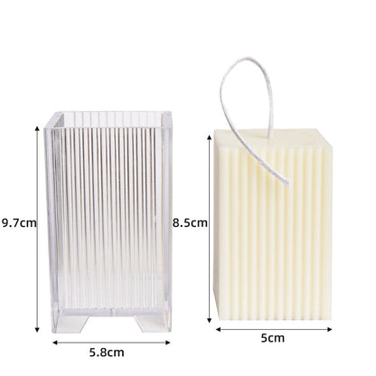 Silicone candle mould packaging with finished pillar candle and size details