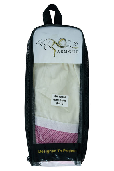 Unveil the elegance – OZ ARMOUR Pink Cow Hide Ventilated Gloves presented in stylish packaging.