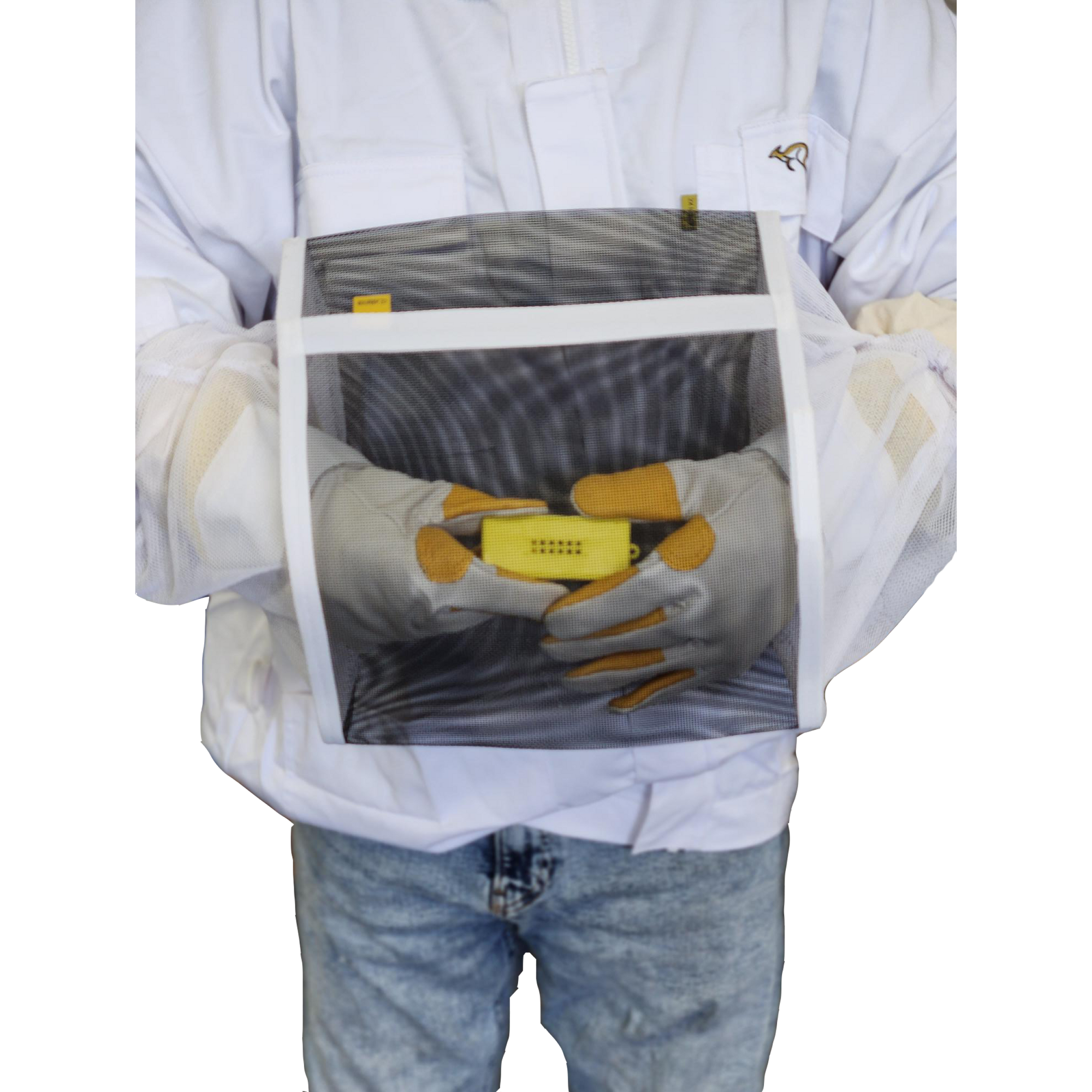 A beekeeper's hands wearing a cozy Queen Bee Muff with adjustable straps, designed to provide warmth and comfort during hive inspections.