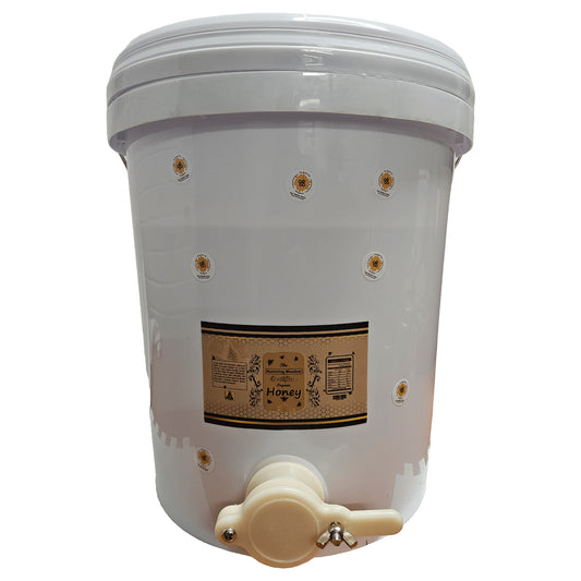 Organic honey in white food-grade bucket with lid and honey gate tap
