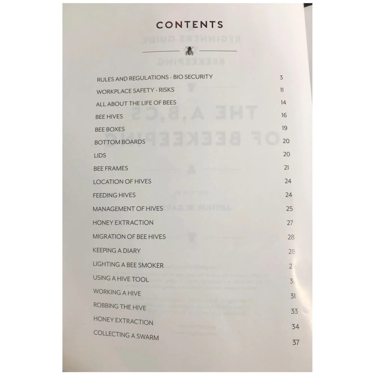 Inside contents page of A Beginners Guide to Beekeeping book