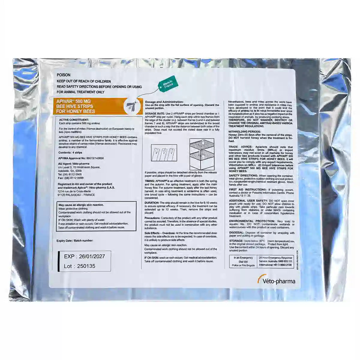 Back label of Apivar varroa mite treatment package