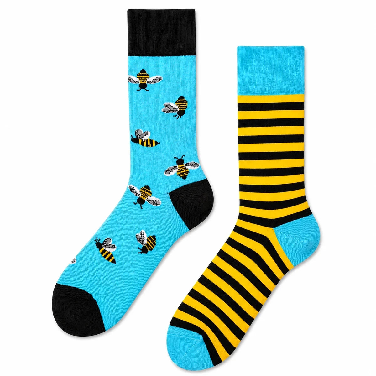 Pair of bee socks — one sky-blue sock with knitted bees, one yellow and black striped sock, laid flat