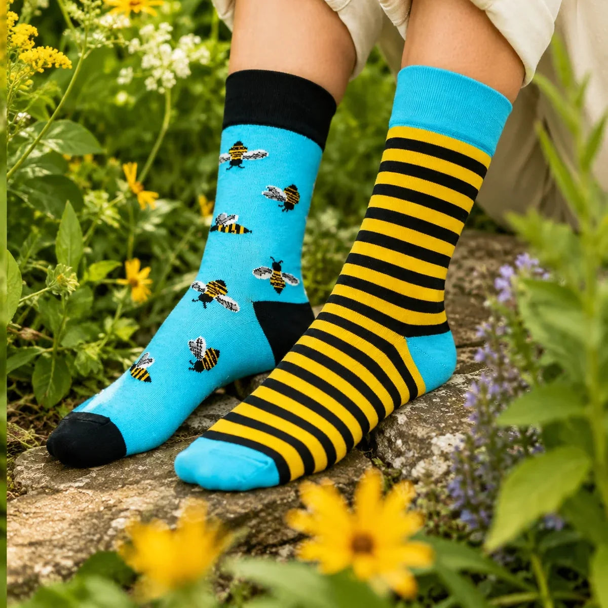 Person wearing bee socks in a garden, blue bee-print sock on one foot and yellow striped sock on the other