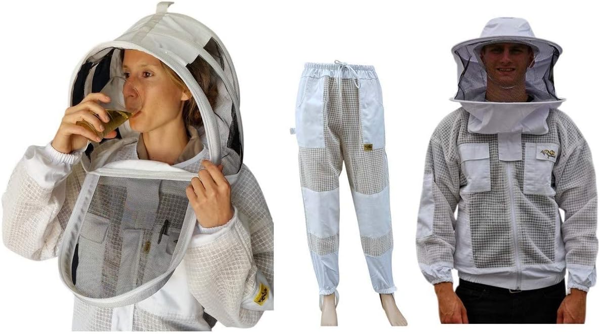Beekeeping Suit Jacket & Trousers Pants with 2 Veils Fencing & Round Brim Hat Ventilated 3 Layer Mesh Costume