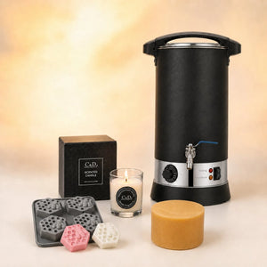 Beeswax candle and soap making kit with electric wax melter, honeycomb silicone mould, soaps and a beeswax block