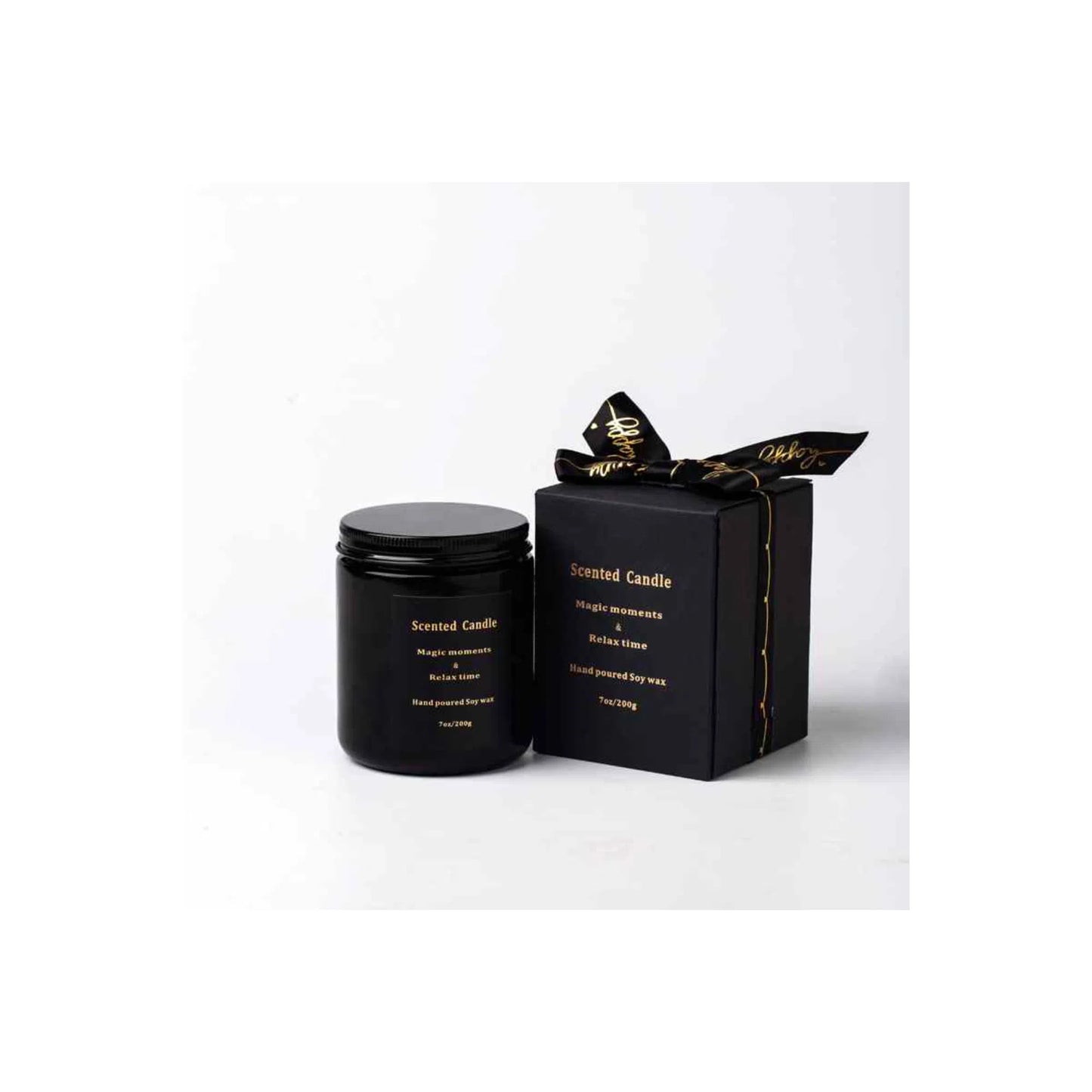Black glass jar scented candle with matching gift box and butterfly ribbon knot