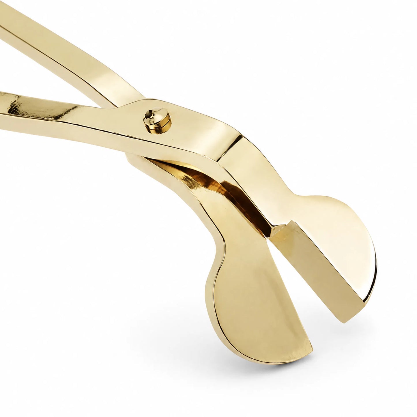 Side view of gold stainless steel candle wick trimmer scissors