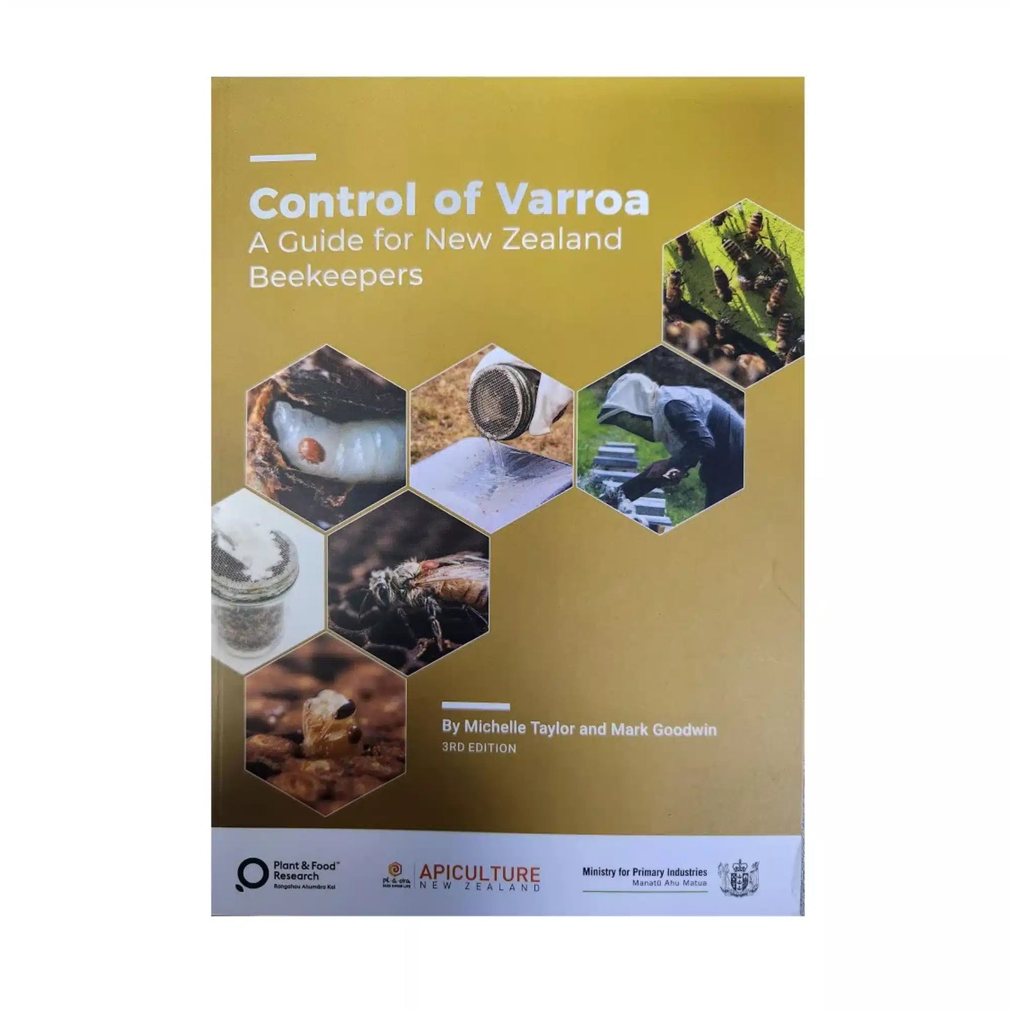 Book cover of 'Control of Varroa: A Guide for New Zealand Beekeepers' with hexagonal images of bees and beekeeping equipment.
