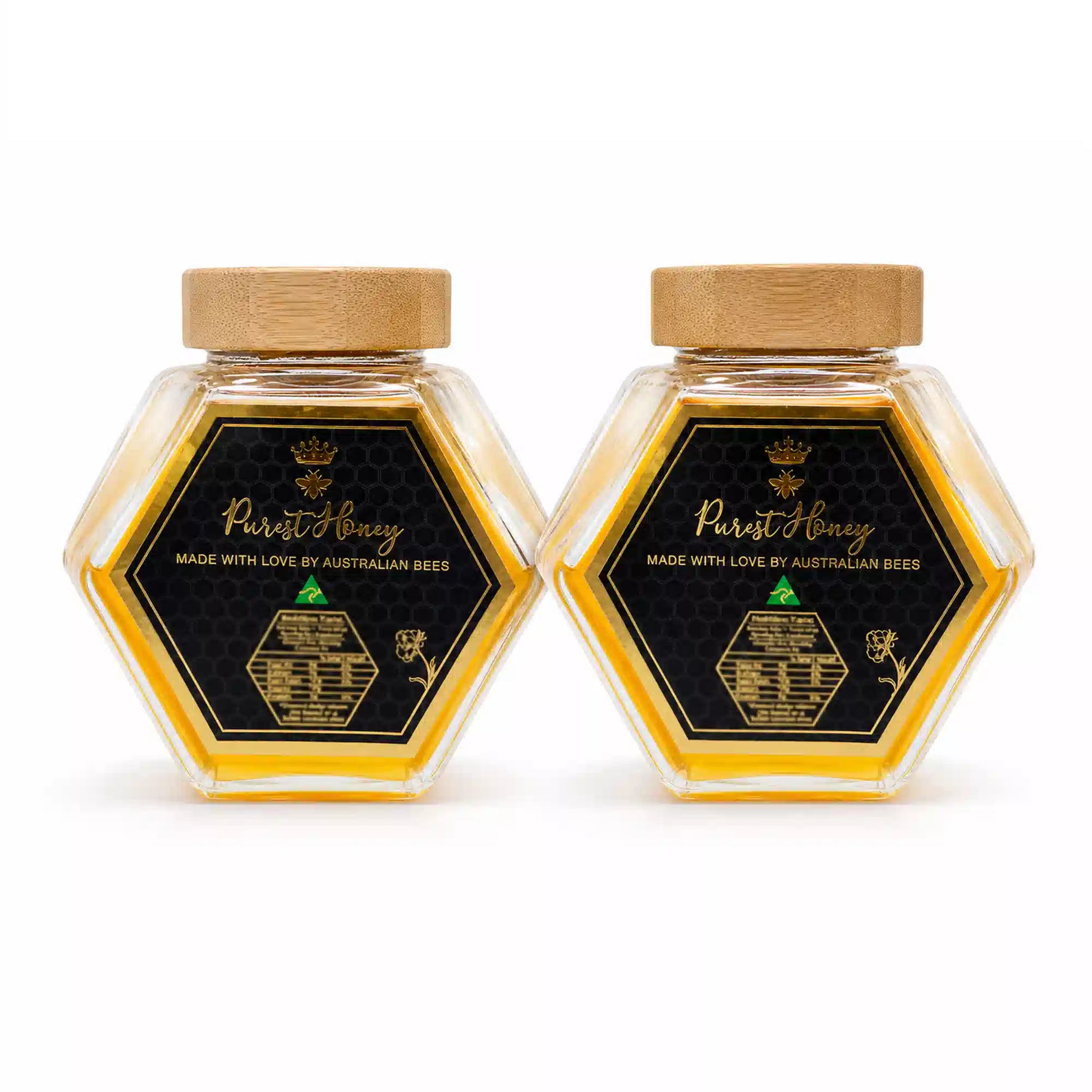 Hexagon honey jar with black label and gold lid