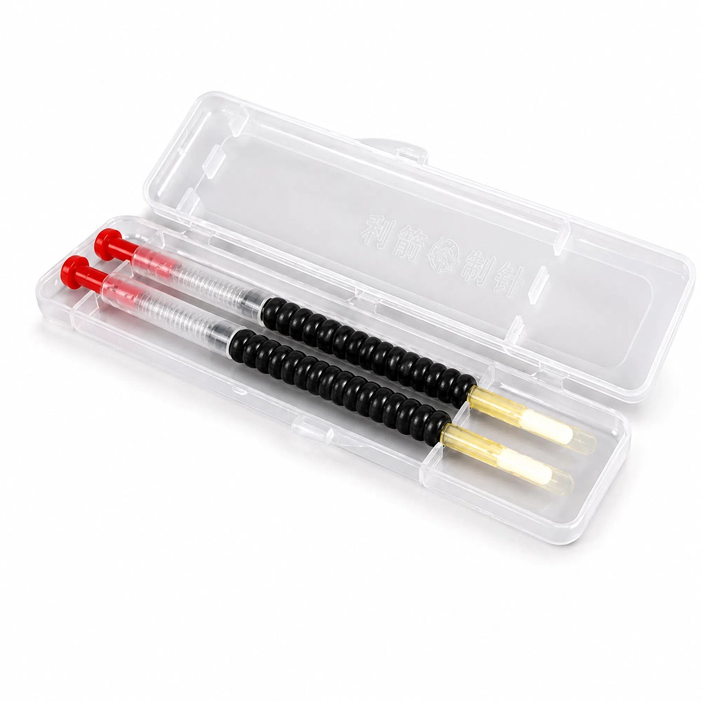 Two beekeeping marking pens with red caps and black grip in a clear storage case
