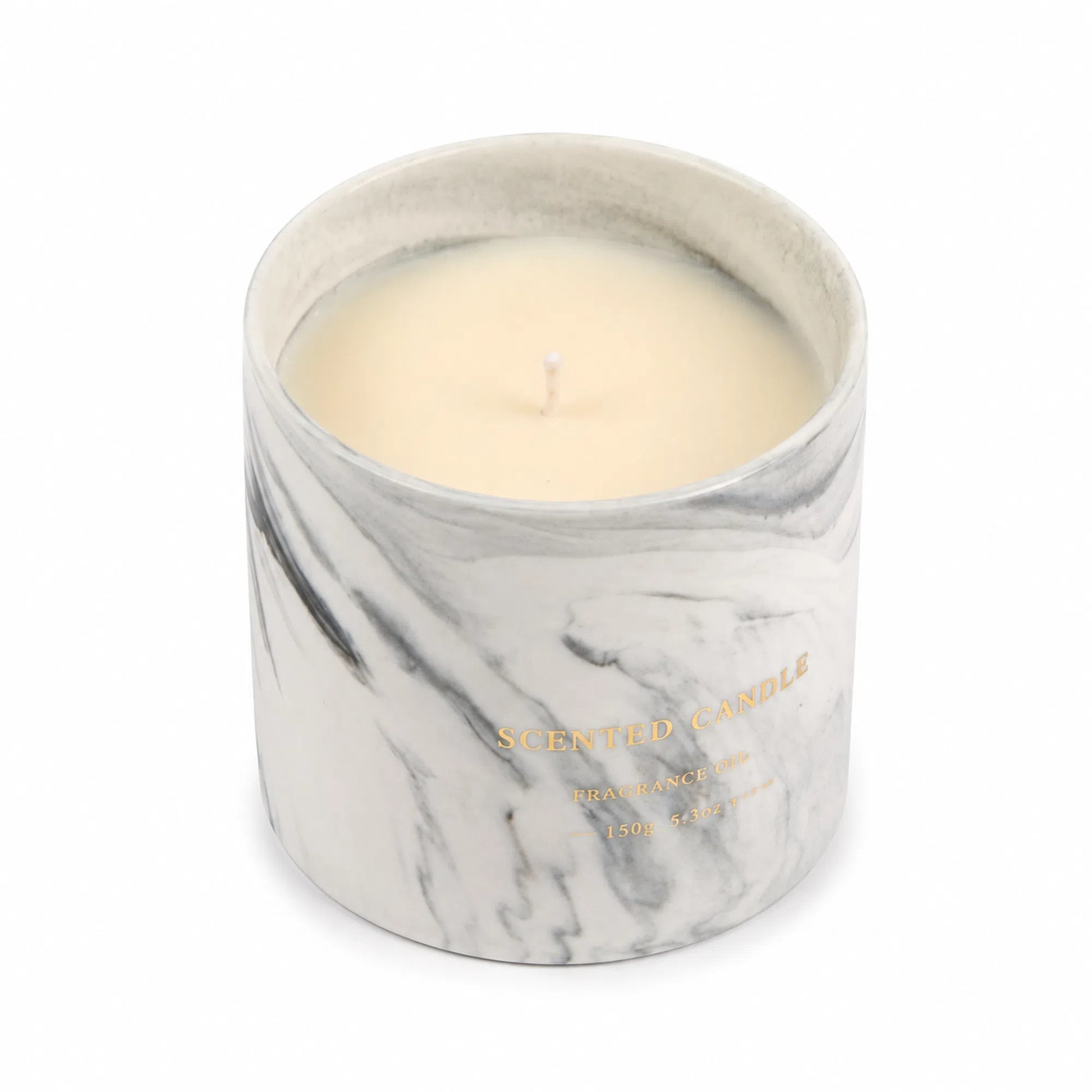A scented candle in a cylindrical white and gray marble-patterned container with a single wick and cream-colored wax, shown on a plain white background.