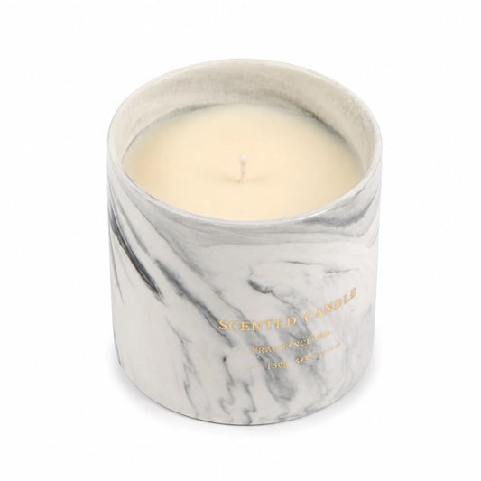 A scented candle in a cylindrical white and gray marble-patterned container with a single wick and cream-colored wax, shown on a plain white background.