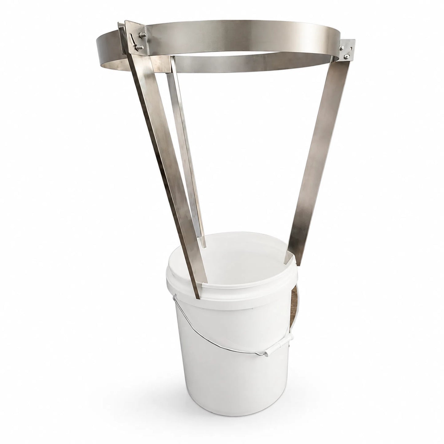 Adjustable honey filter stand with white bucket for honey harvesting