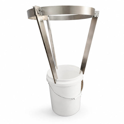 Adjustable honey filter stand with white bucket for honey harvesting