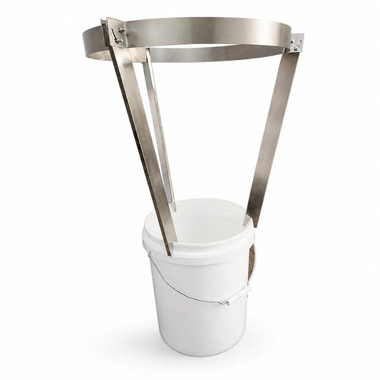 Adjustable honey filter stand with white bucket for honey harvesting