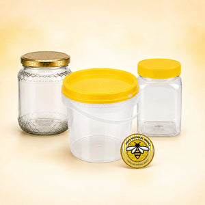 Honey storage range with a glass jar and gold honeycomb lid, a plastic pail and a square PET jar